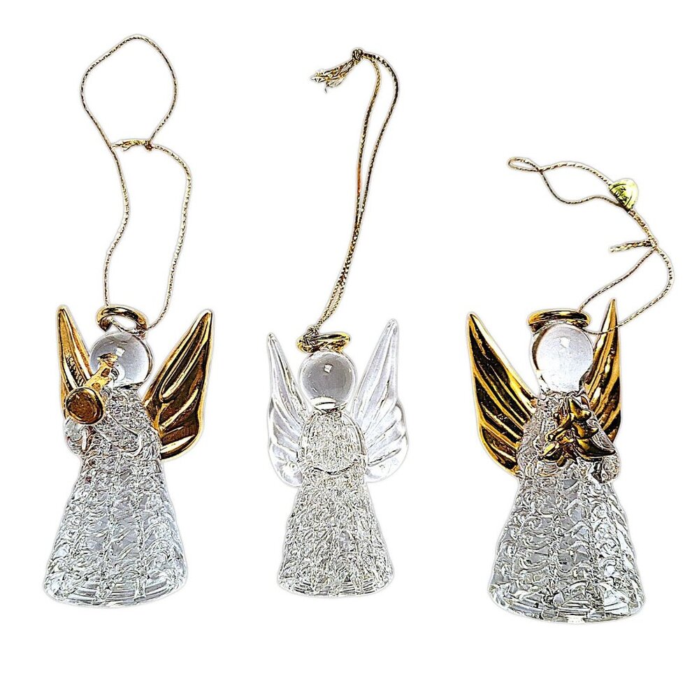 3 Glass Spun Gold Halo & Wings Angels Christmas Holiday Hanging Ornaments